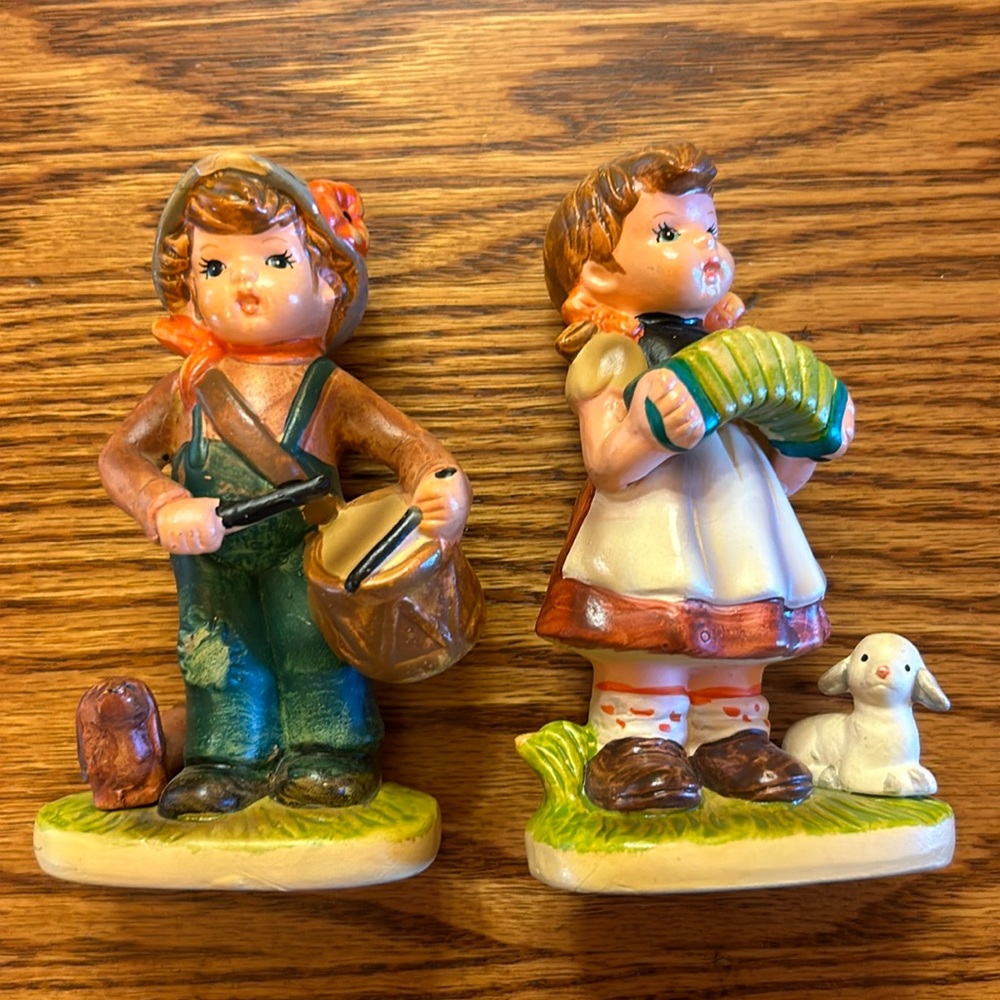 2 Vintage 1940s-1950s Ceramic Boy & Girl Figurines w/ instruments from Sri Lanka